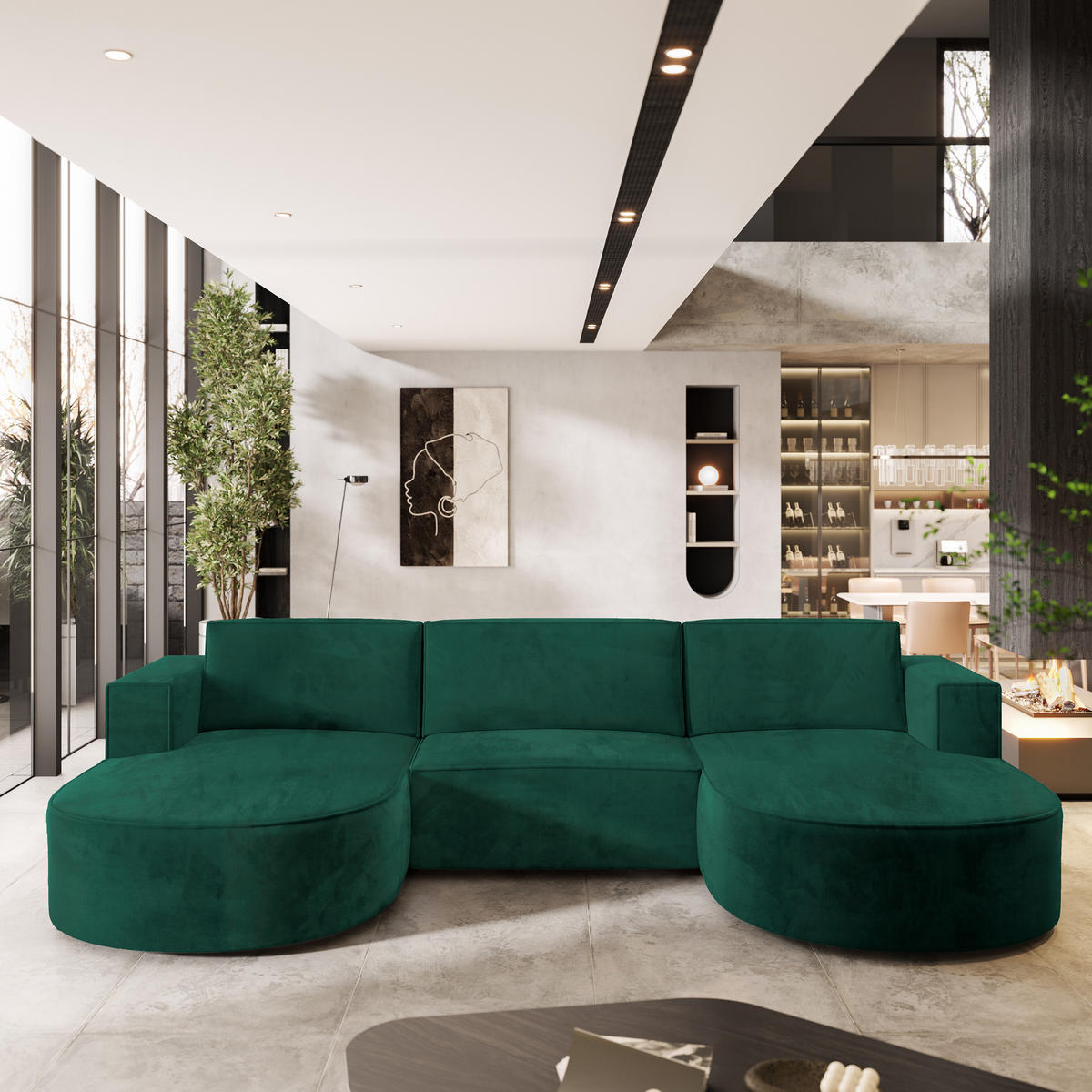 ROHOVÁ SEDAČKA VEZZO tmavě zelená - šedá/tmavě zelená, dřevo/textil (347/174cm) - MASSENO