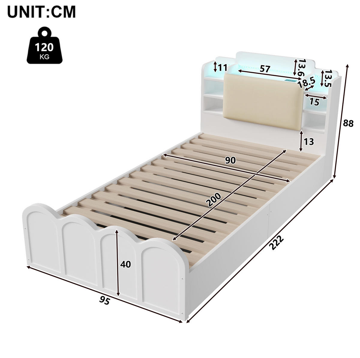 PANEELBETT 90/200 cm Weiß aus Massivholz und Holzwerkstoff mit hydraulischem Stauraum, USB- und Typ-C-Anschluss - Weiß, Holz (90/200cm) - OKMYHOME