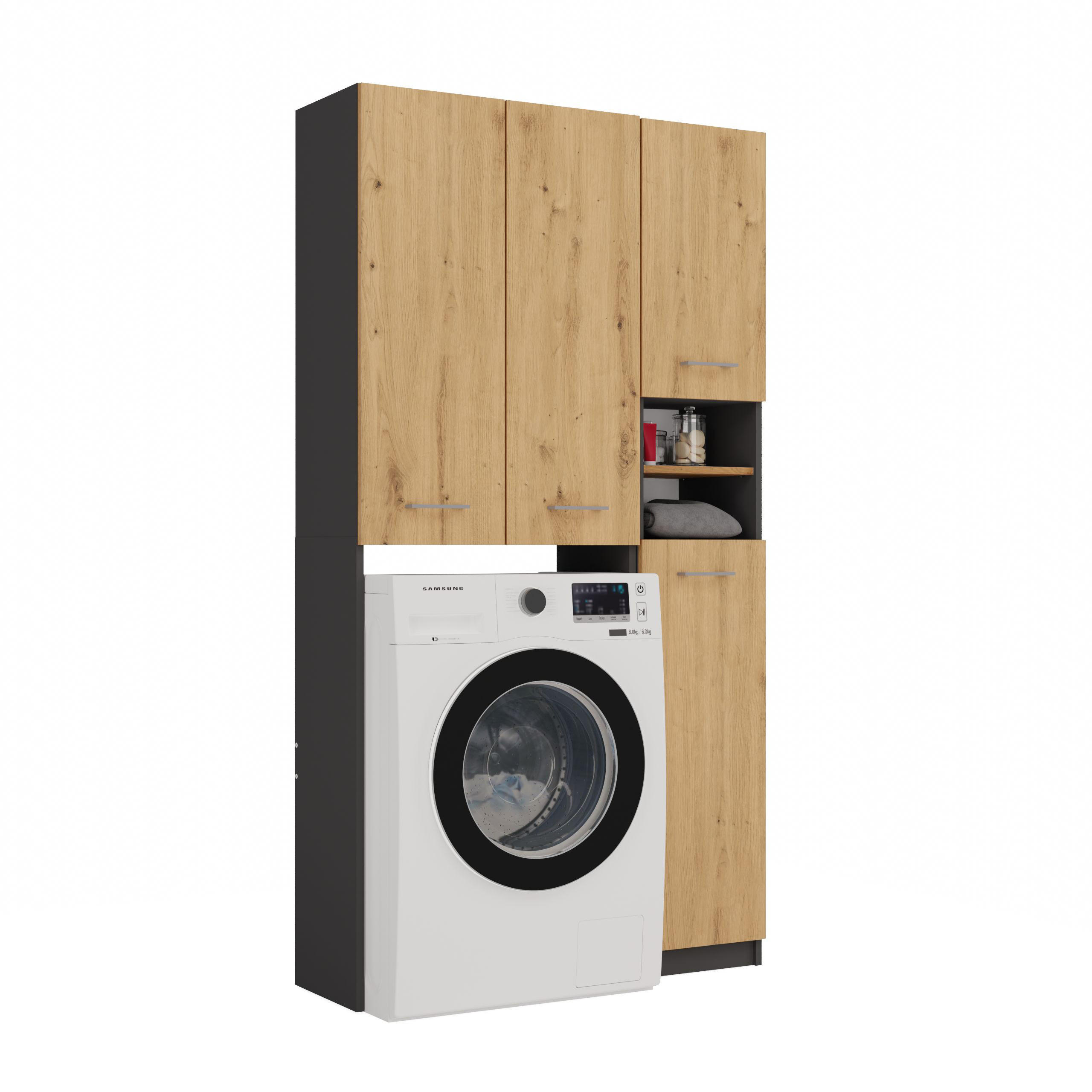 WASCHMASCHINENSCHRANK Waschli Set 4 - Anthrazit/Eiche Artisan, Holzwerkstoff (96/180/30cm) - kommodly