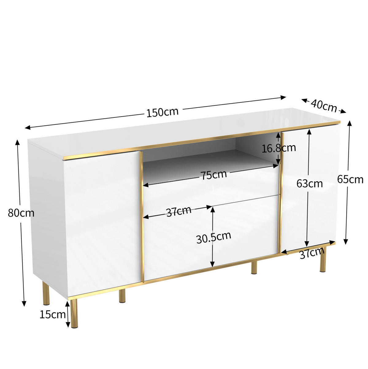 KOMMODE aus MDF & Spanplatte 150x40x80cm in Weiß mit LED-Beleuchtung - Weiß, Holzwerkstoff (150/80/40cm) - Modfu