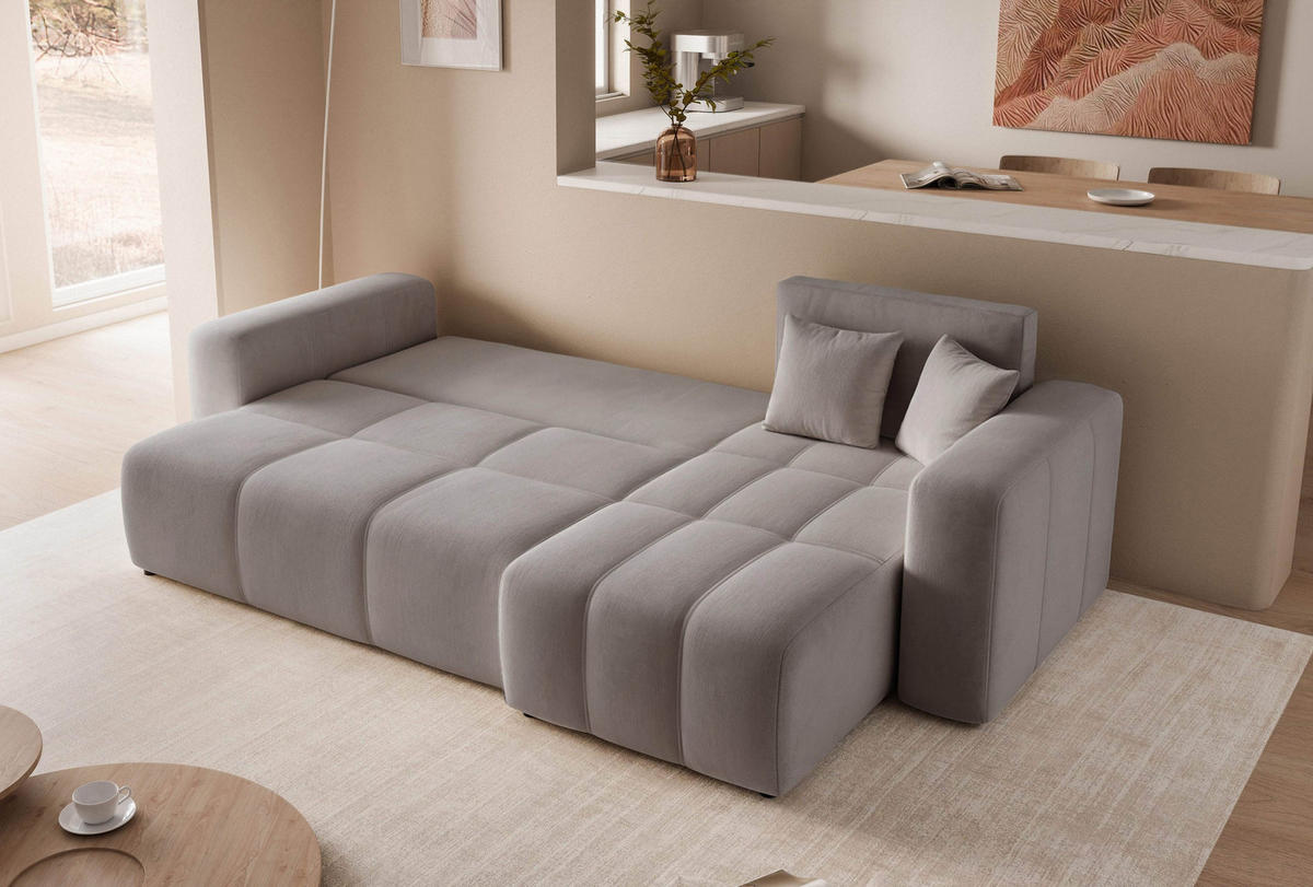 ECKSOFA Grau Velours mit Bettkasten und Schlaffunktion - Grau, Textil (248/145cm) - Idohome