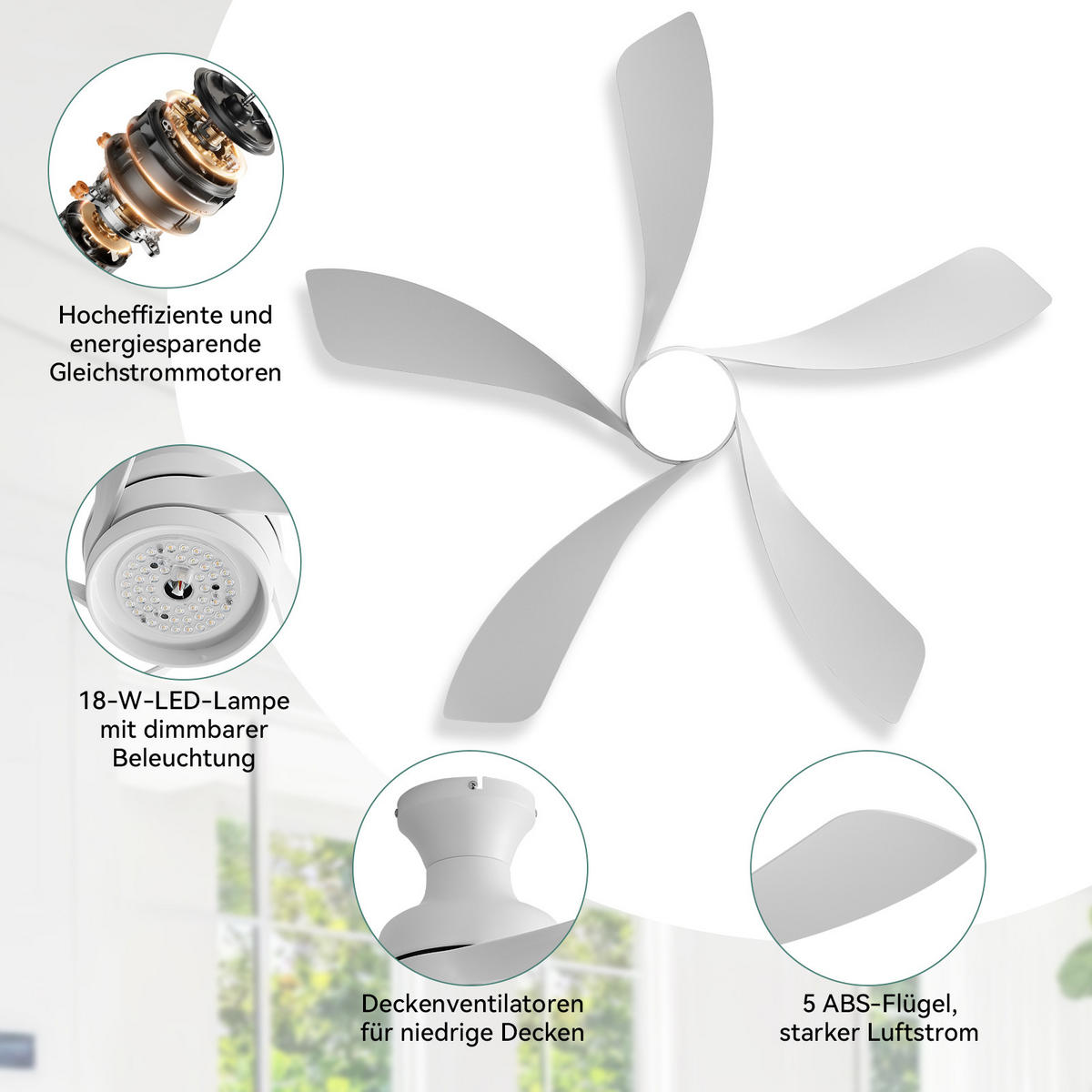 DECKENVENTILATOR 132cm LED Licht Fernbedienung DC Motor Weiß Timer - Weiß, Kunststoff (132/132/30.5cm) - CASIVA