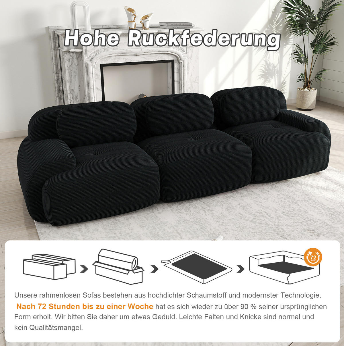 SOFA modulares Ecksofa rahmenlos Cord Black - Schwarz, Textil (298/75/103cm) - IVMEU