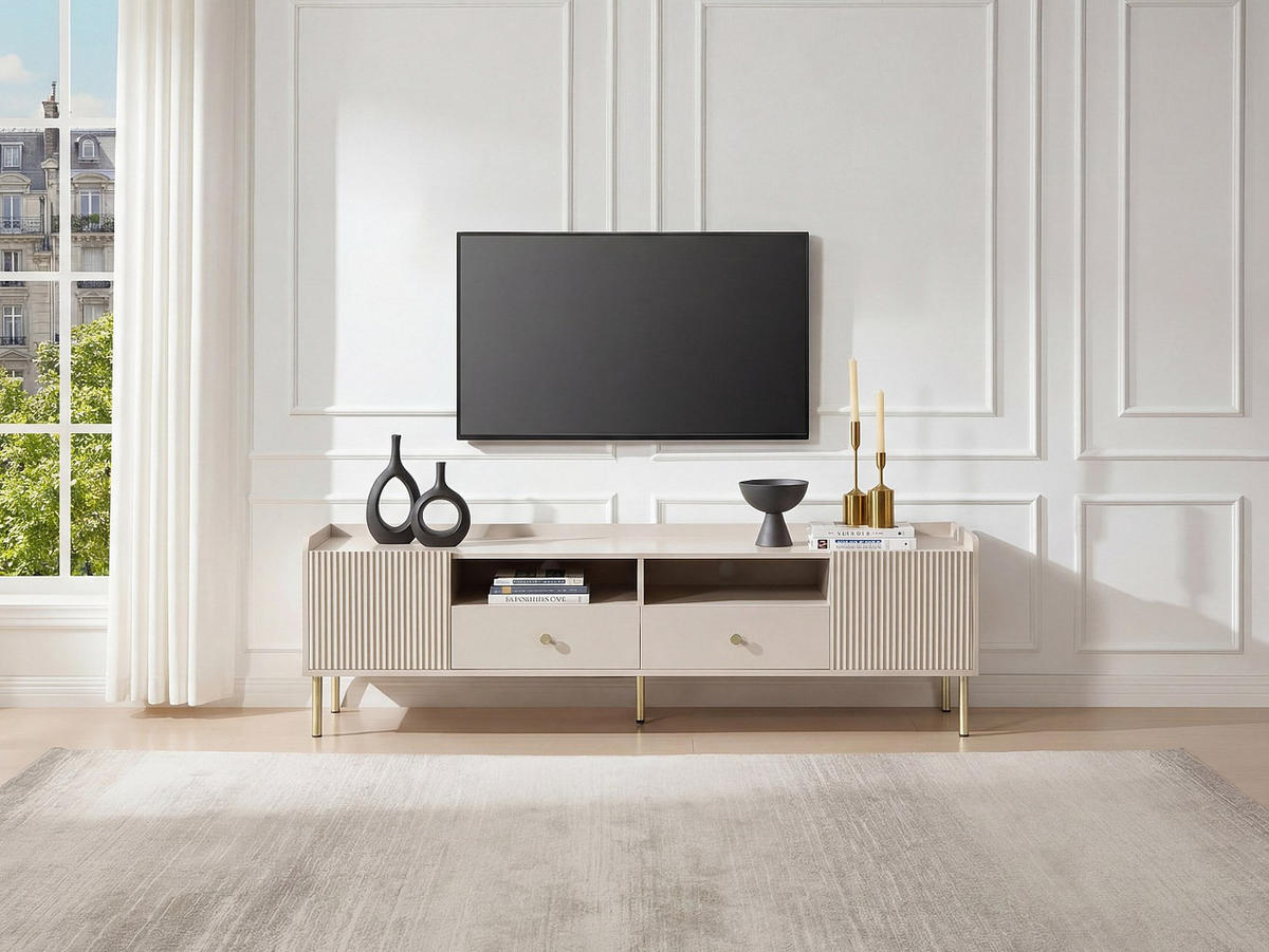 TV-MÖBEL mit 2 Türen, 2 Schubladen und 2 Fächern – Beige & Gold – LUNAOR - Beige, Holz (180/54/40cm) - Vente-Unique