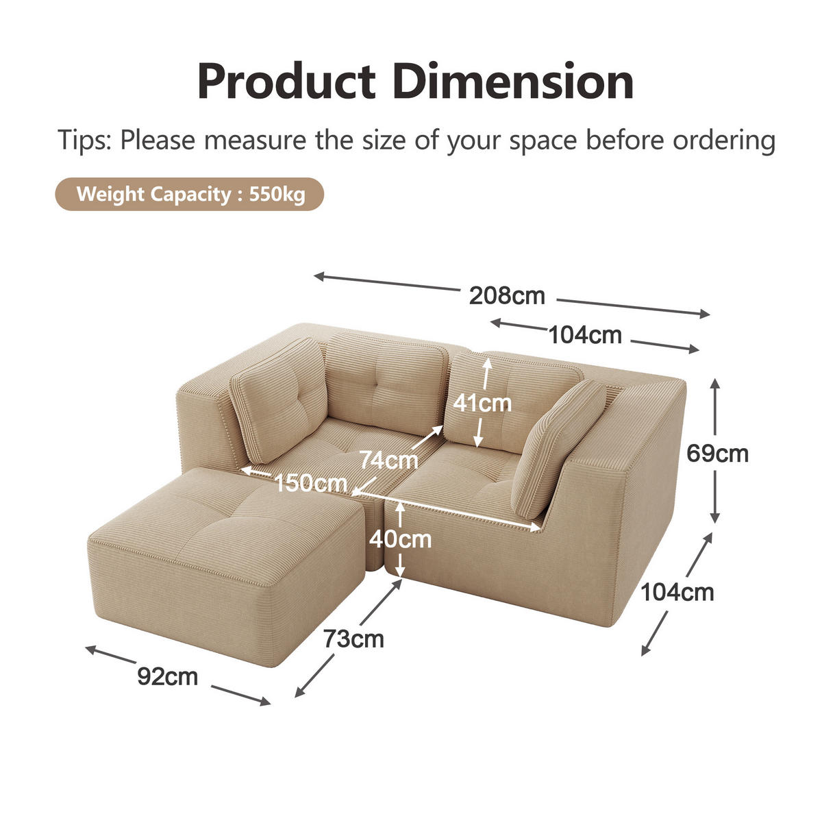 ECKSOFA 208/177/69 cm Beige aus Cord modular ohne Aufbau - Beige, Textil (177/208cm) - OKWISH