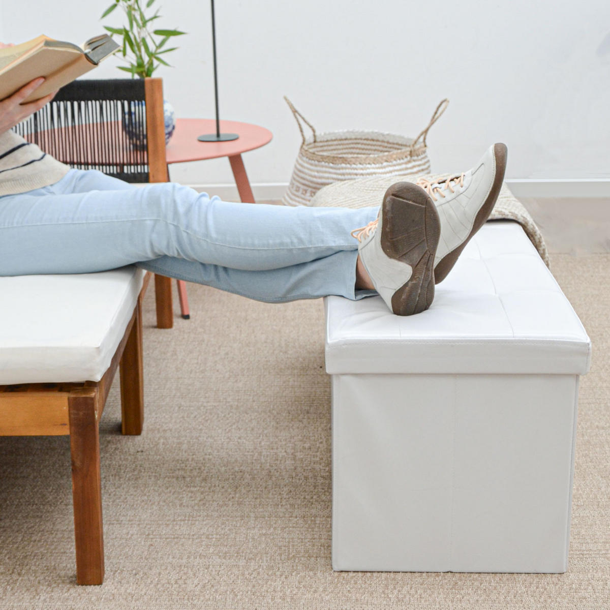 SITZBANK mit Stauraum, 110 cm, 120 Liter, Weiß - Weiß, Kunststoff (38/38/110cm) - Dunedesign