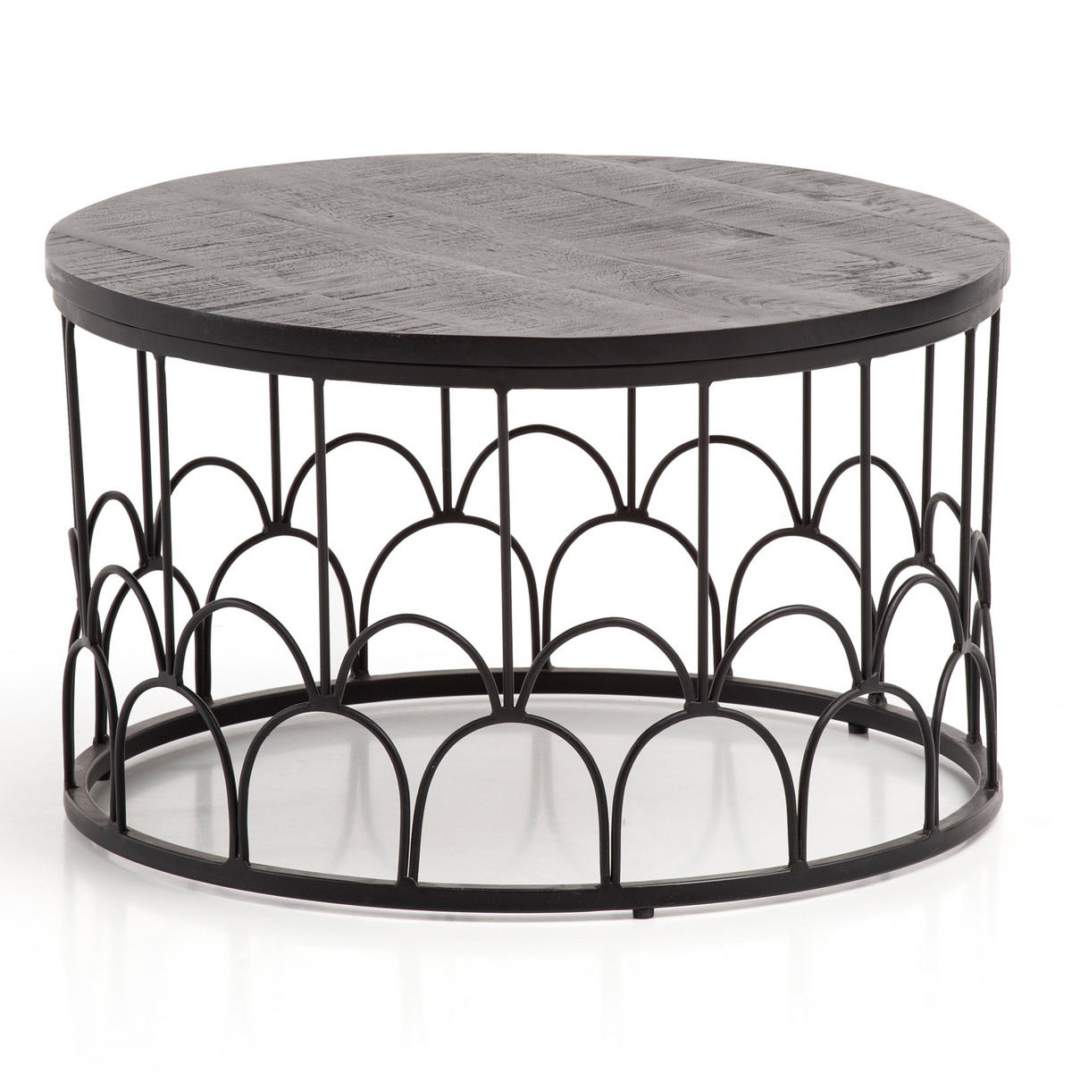 COUCHTISCH Rund in Schwarz aus Mango Massivholz mit Metallgestell, 60x60x36cm, Industrial Design - Schwarz, Holz/Metall (60/60/36cm) - KADIMA DESIGN