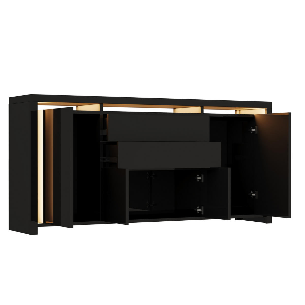 SIDEBOARD 160 cm Hochglanz mit LED, 4 Türen und 2 Schubladen, Küchenschrank mit Stauraum, Schwarz - Schwarz, Holzwerkstoff (160/35/75cm) - Waldena