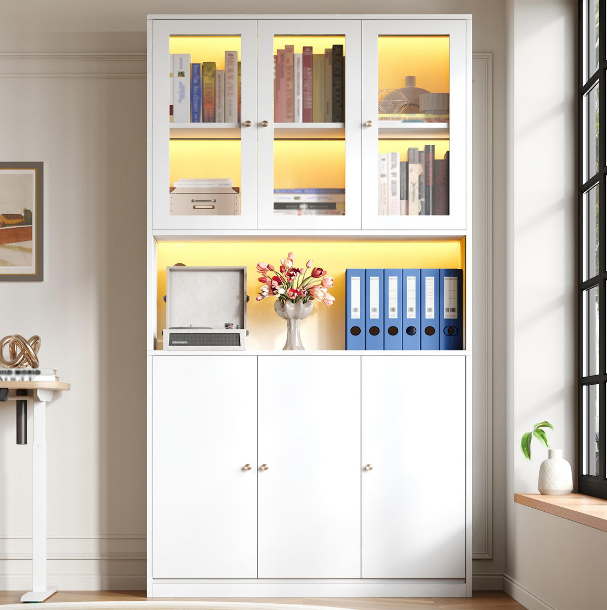 VITRINE 100/35/200 cm aus MDF mit Glasvitrine und LED-Beleuchtung Weiß - Weiß, Holzwerkstoff (100/200/35cm) - Modenvie