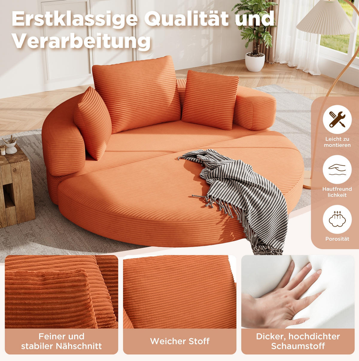 KLAPPSOFA Cord Samt-Optik 2-in-1 Sofa und Bett 173/176/40 cm Orange - Orange, Textil (176/40/173cm) - Redom