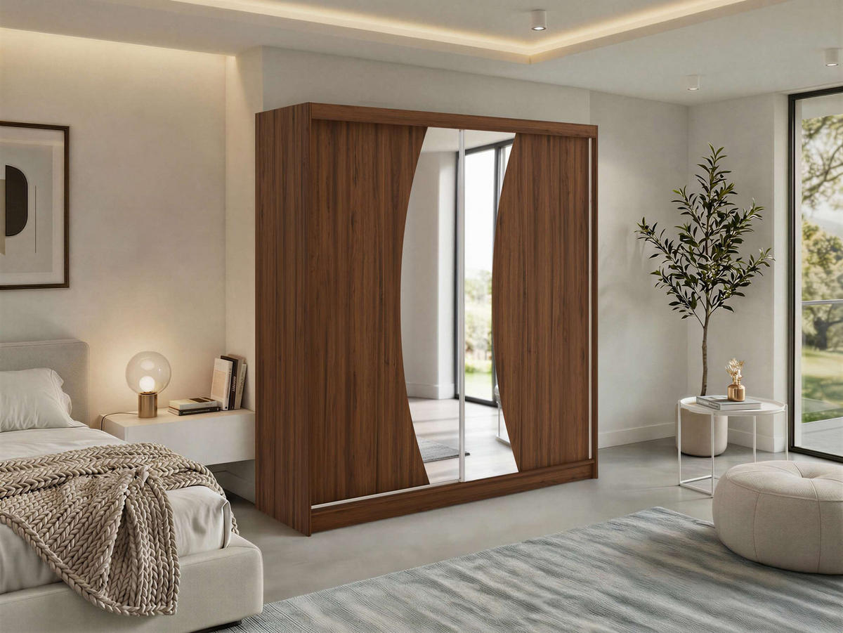 SCHWEBETÜRENSCHRANK mit Schubladen 200 - VERONA - Warmia Walnuss mit Spiegel - Walnussfarben/Alufarben, Holzwerkstoff/Metall (200/216/61cm) - MKS