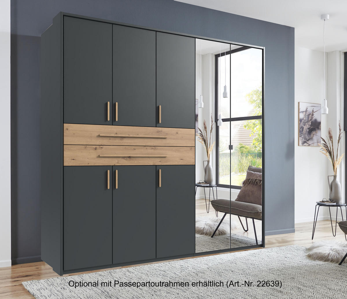 SKŘÍŇ S OTOČNÝMI DVEŘMI B225/H208/T58 cm v barvě grafit, šatní skříň se 2 zrcadlovými dveřmi, 2 zásuvkami a úchytkami v dekoru dub Artisan / 22637 - grafitová/dub artisan, kompozitní dřevo/plast (225/208/58cm) - luma-home