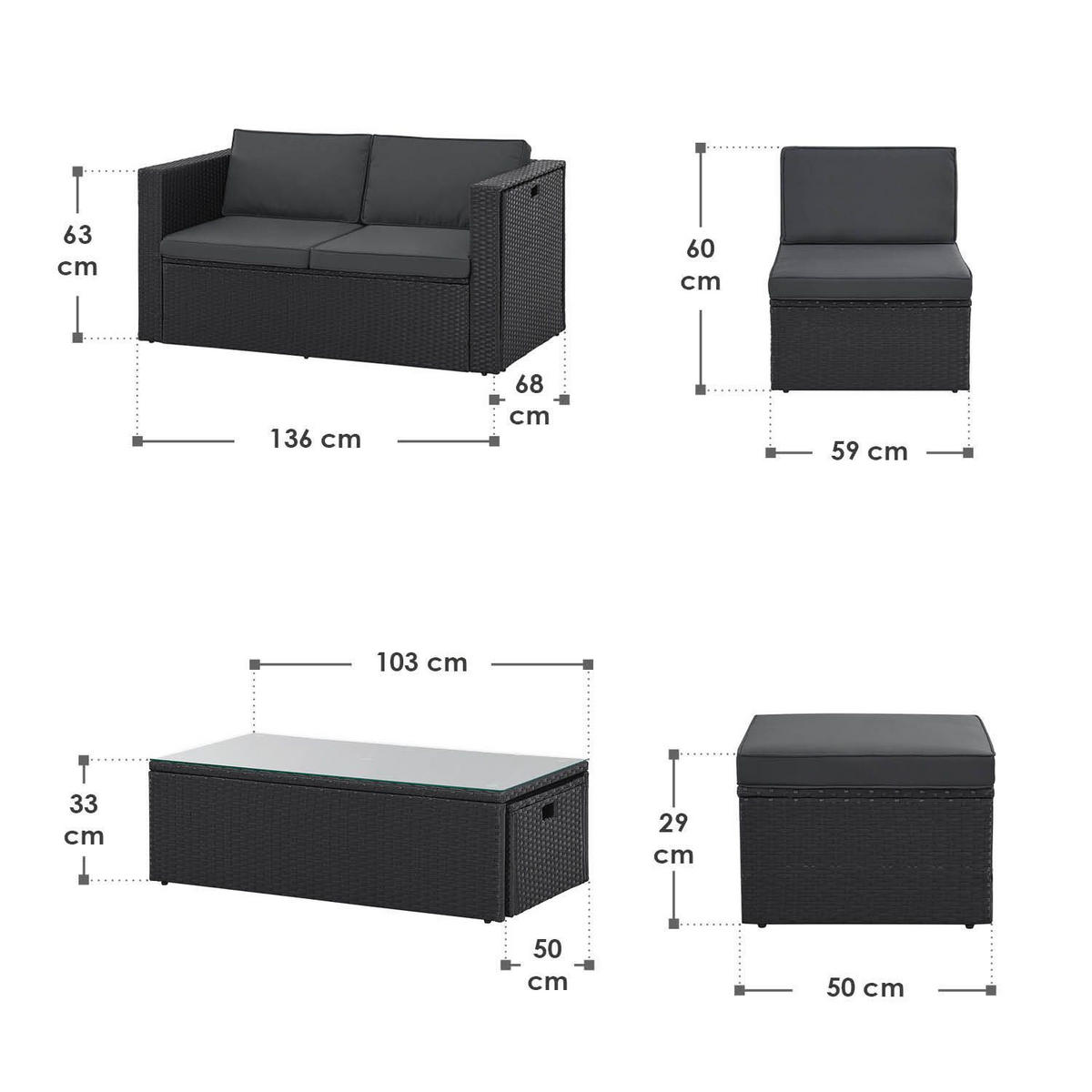 LOUNGEGARNITUR Salou inkl. Abdeckung schwarz - Schwarz, Kunststoff - Juskys