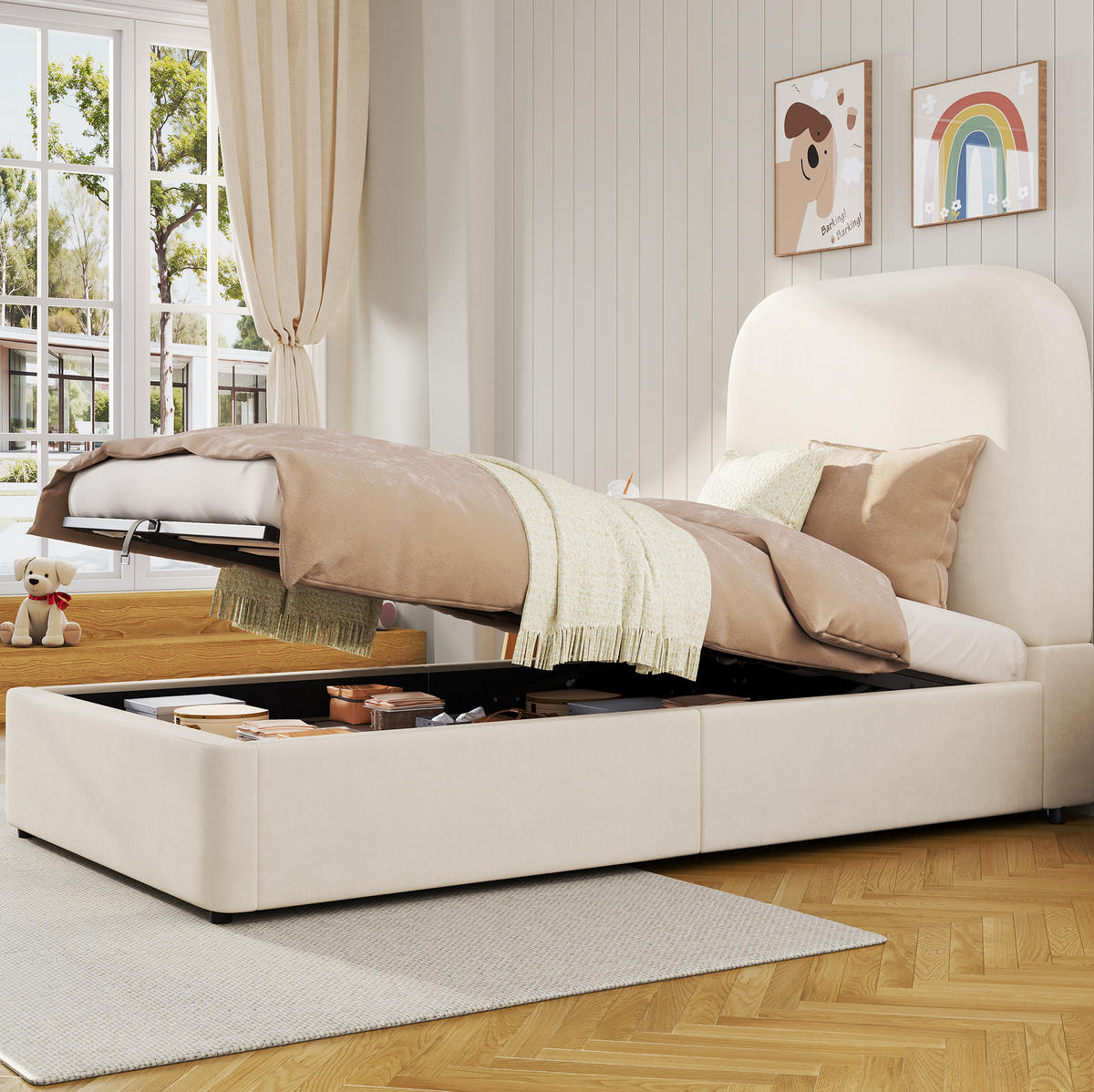 KINDERBETT 90/190 cm mit hydraulischem Bettkasten, Lattenrost und gepolstertem Kopfteil aus Samt, Beige - Beige, Textil (90/190cm) - Redom