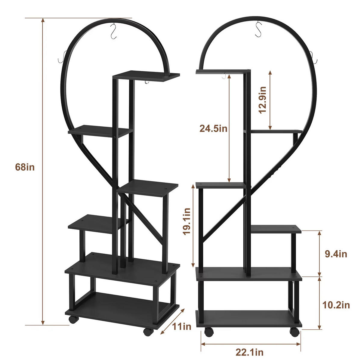 PFLANZENREGAL 2er Set rollbar 6-stufig Pflanzenständer Schwarz - Schwarz, Metall (55/172/30cm) - Kaket