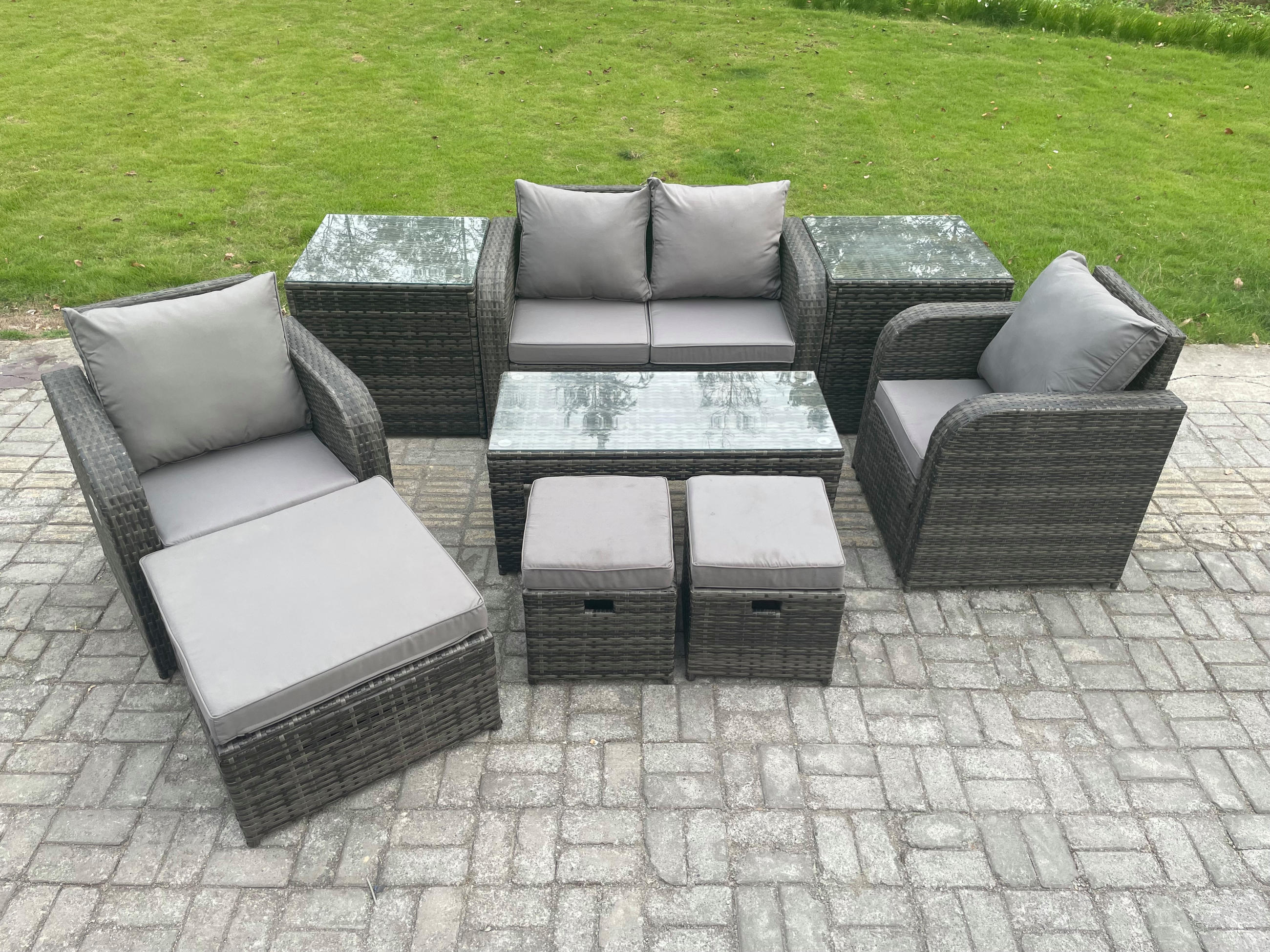 GARTENSOFA SET mit COUCHTISCH Polyrattan 7-Sitzer - Dunkelgrau/Grau, Glas/Kunststoff - Fimous