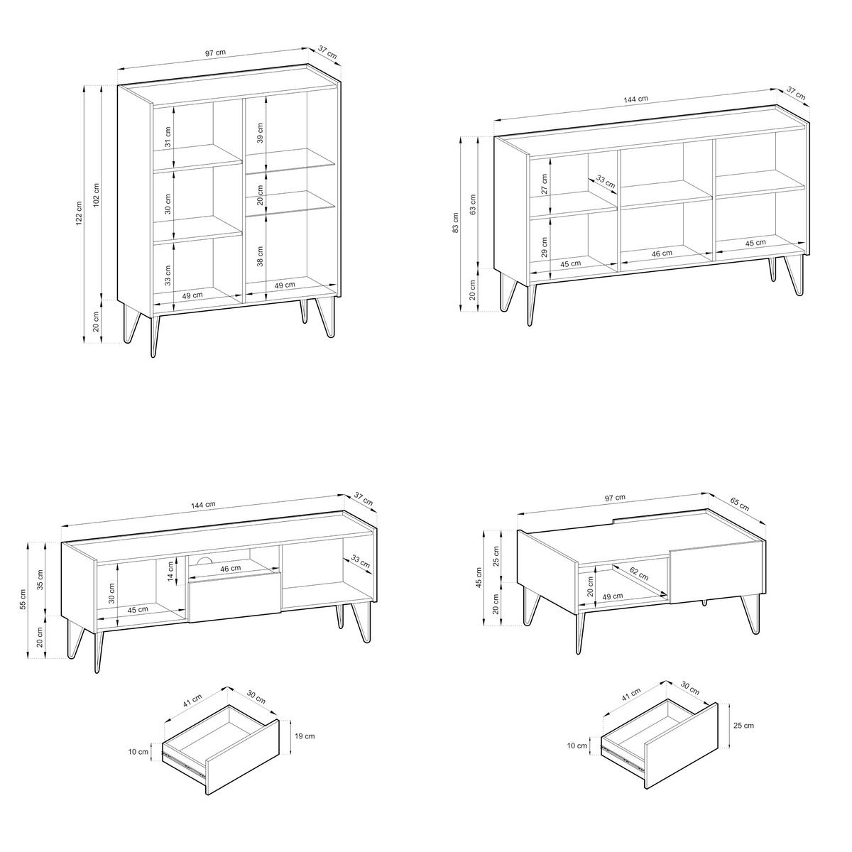 WOHNWAND Canmore 1, 4-er Set, Scharnier Häfele Marmor Schwarz Graphit Schwarz - Graphitfarben, Glas/Holzwerkstoff (482/122/37cm) - Komodee