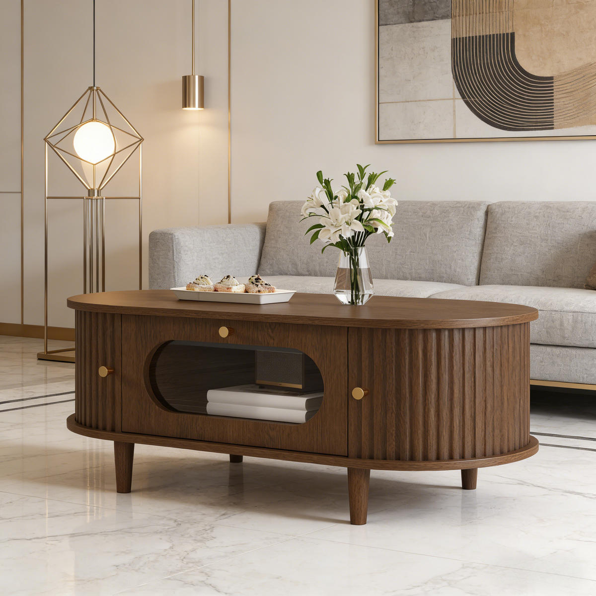 COUCHTISCH Walnuss 1 Schublade Rolltür 4 Beine 100x50x36cm - Walnussfarben, Holzwerkstoff (100/50/36cm) - FLIEKS