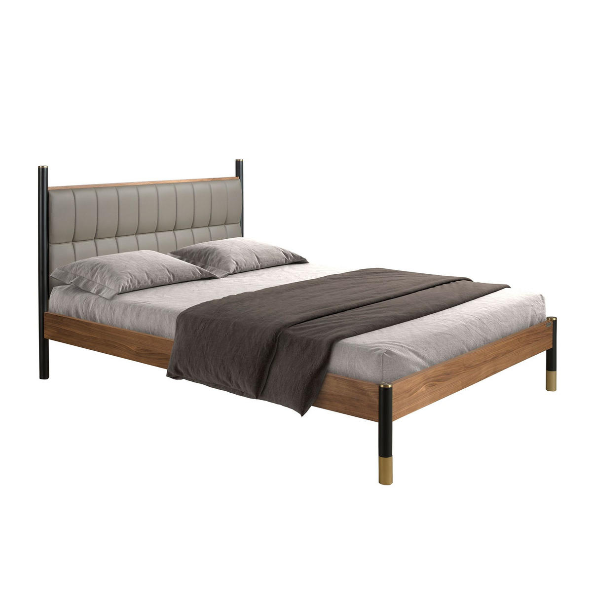 BETT Rechteckig Dunkelgrau Walnuss 160/215/112 cm - Grau, Leder/Holz (160/200cm) - ANGEL CERDA