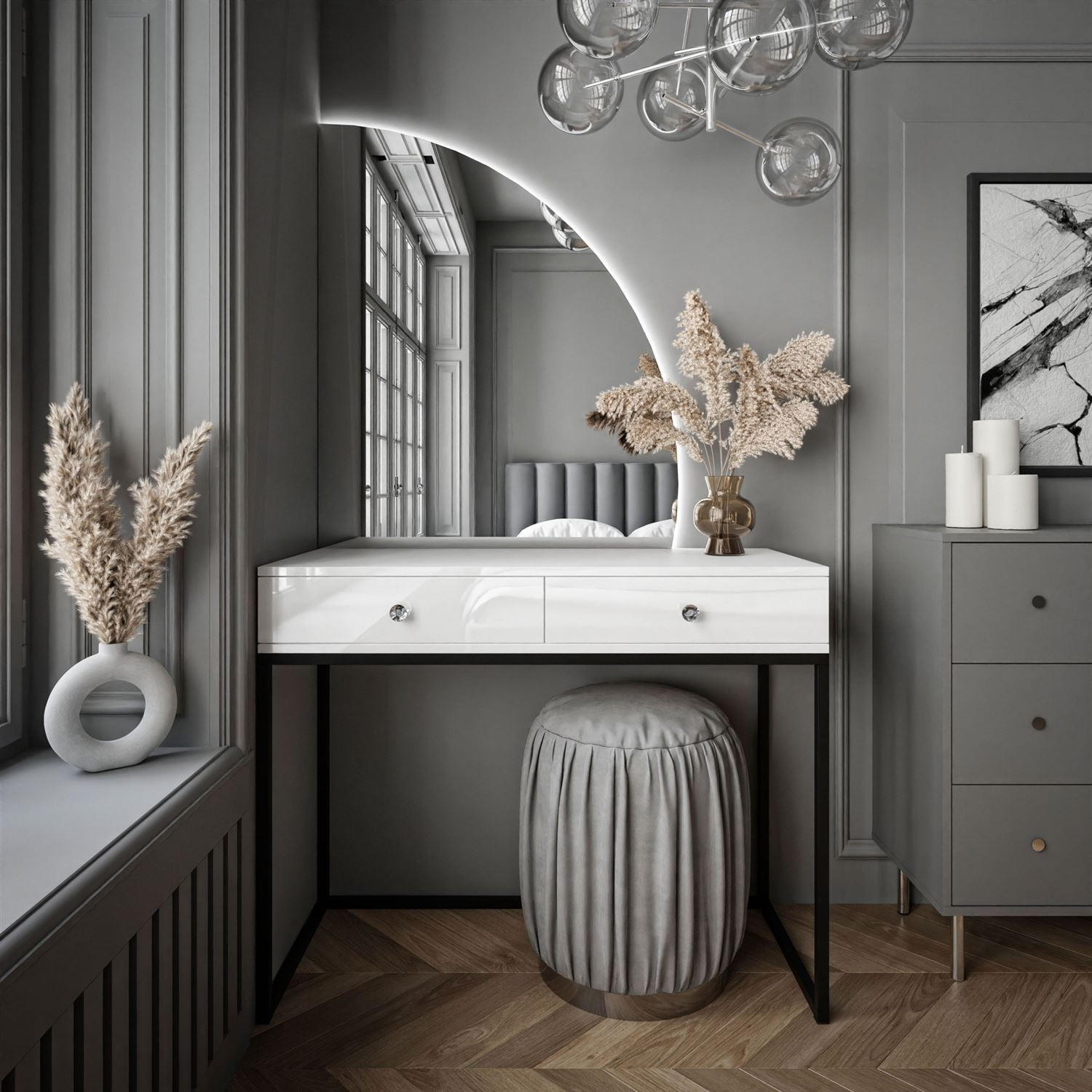 SCHMINKTISCH schwarz/weiß Hochglanz QUINNIE mit LED-Spiegel rechts Griff Kristall - Weiß Hochglanz/Schwarz, Holzwerkstoff (100/176/42cm) - Lookway