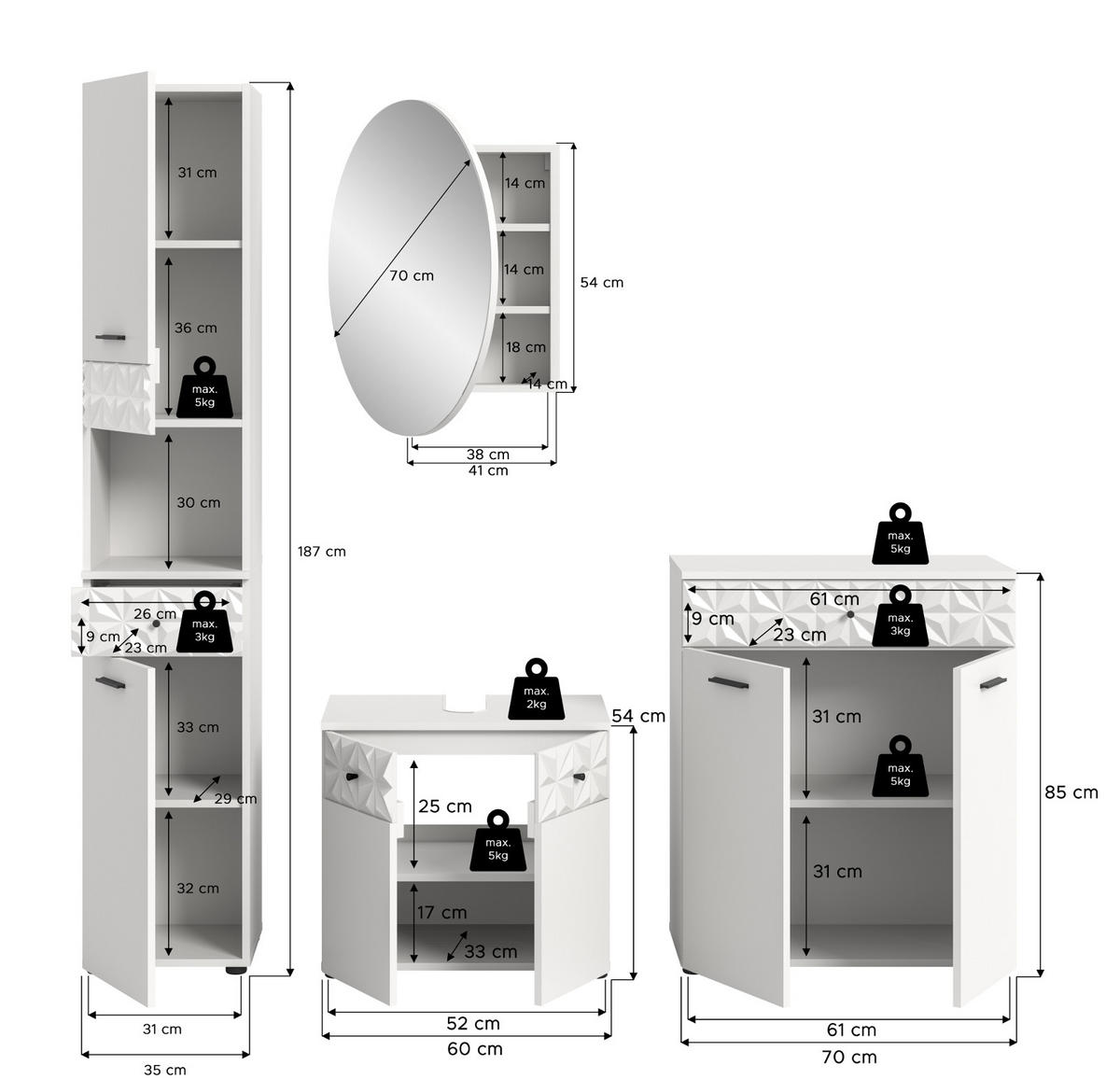 BADMÖBEL-SET weiß Hochglanz 4-teilig 200 cm, Komplettset mit 3D-Struktur - Weiß Hochglanz, Glas/Holzwerkstoff (205/187/37cm) - Inn.Furn