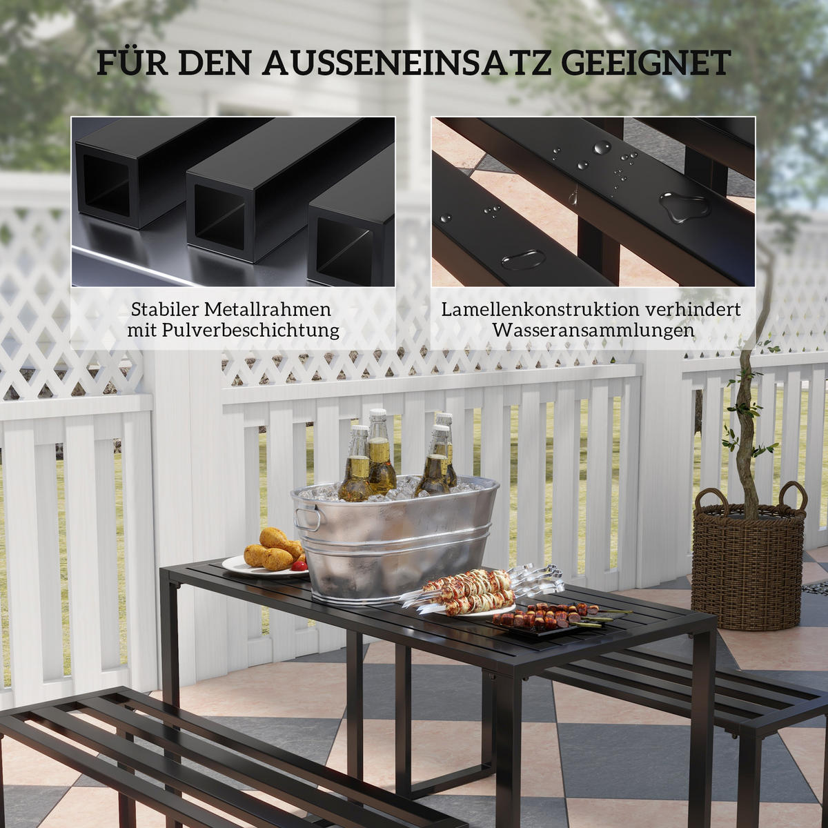GARTENSET Tisch 2 Bänke schwarz - Schwarz, Metall - LEBENLANG