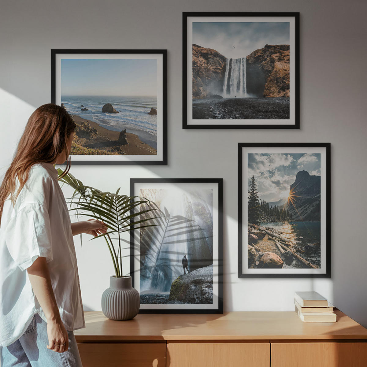 BILDER SET 4er Set - 50x50 cm & 40x60 cm Schwarzer Rahmen - Wasserfälle, Berge, Landschaften, Natur - Schwarz, Kunststoff (50/50cm) - TULUP