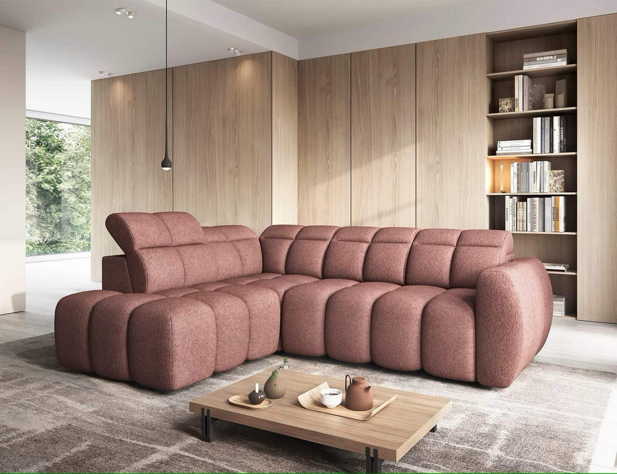 ECKSOFA mit elektrischem Sitzvorschub, Bettkasten und verstellbare Kopflehnen - Rosa, Naturmaterialien/Textil (258/208cm) - Eltap