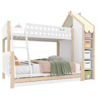 ETAGENBETT aus Kiefernholz 90x200 cm + 140x200 cm Weiß/Natur mit Leiter, 2 Schubladen und Hausdach - Weiß, Holzwerkstoff (90/200cm) - Modfu