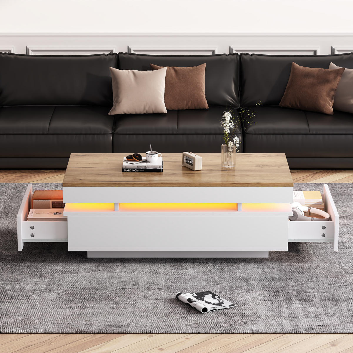 COUCHTISCH 100/50/35 cm weiß/holzfarben aus Spanplatte mit 2 Schubladen und LED-Beleuchtung - Weiß, Holzwerkstoff (100/50/35cm) - OKWISH