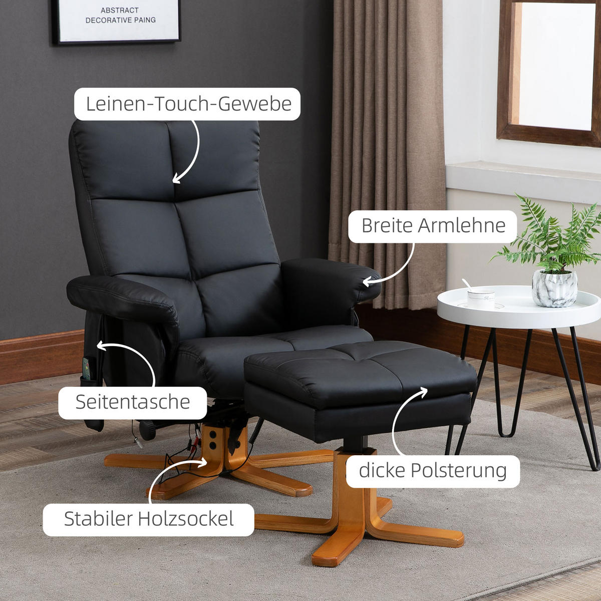 RELAXSESSEL mit Liegefunktion Massagesessel mit Fußhocker Polyester Schwarz - Schwarz, Leder/Holz (86/99/80cm) - HOMCOM