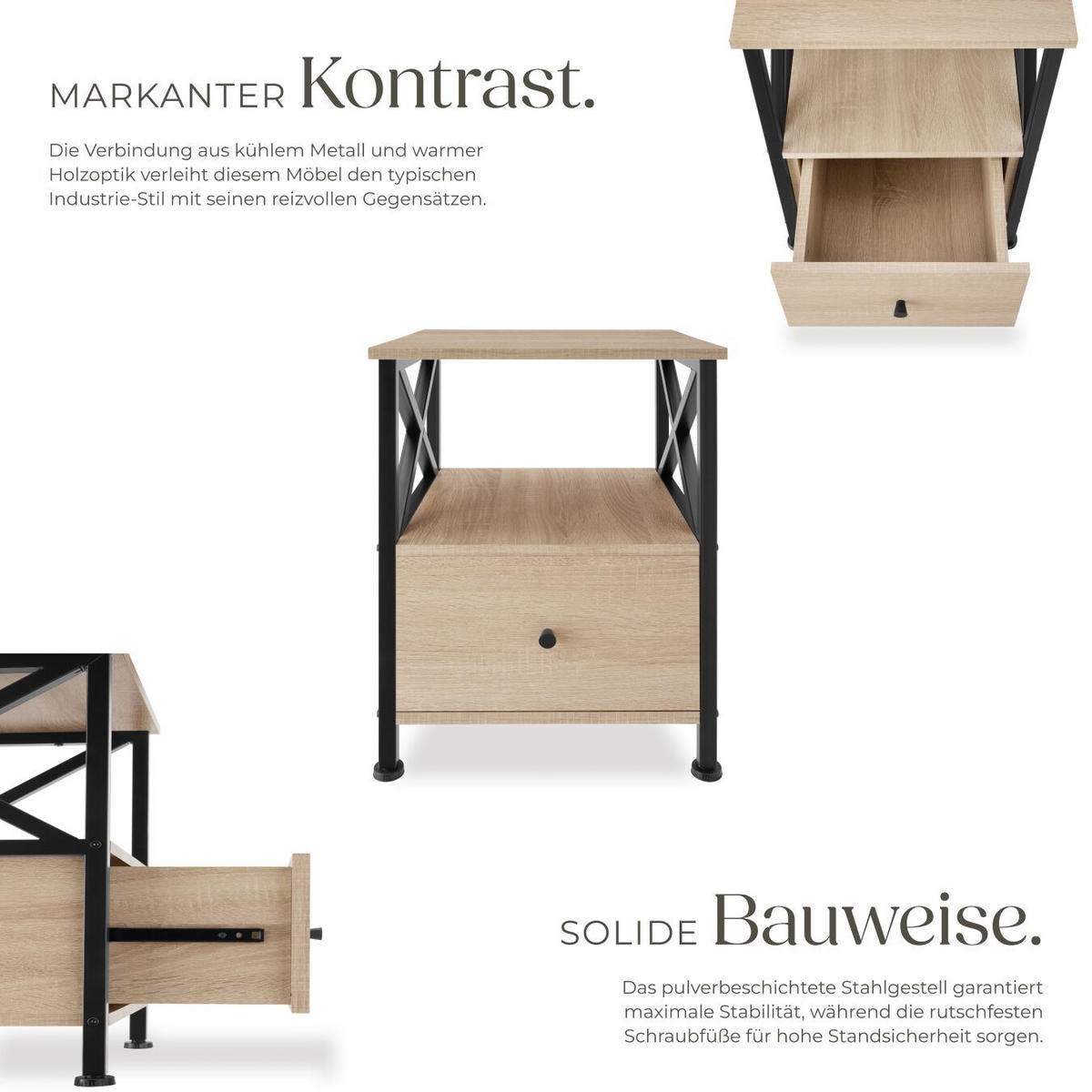 NACHTSCHRANK Falkirk, 40 x 41,5 x 55,5 cm, Industrial Holz hell, Eiche Sonoma - Naturfarben, Holzwerkstoff (40/55.5/41.5cm) - tectake