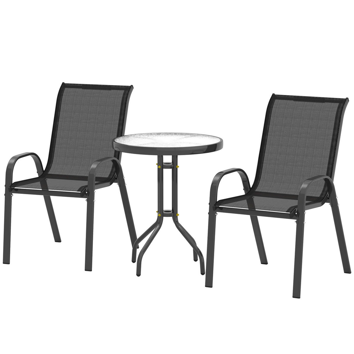 BISTRO-SET DE-07321 3-teilig, mit Glastisch und stapelbaren Stühlen Schwarz - Schwarz, Glas/Metall - ComfortXL