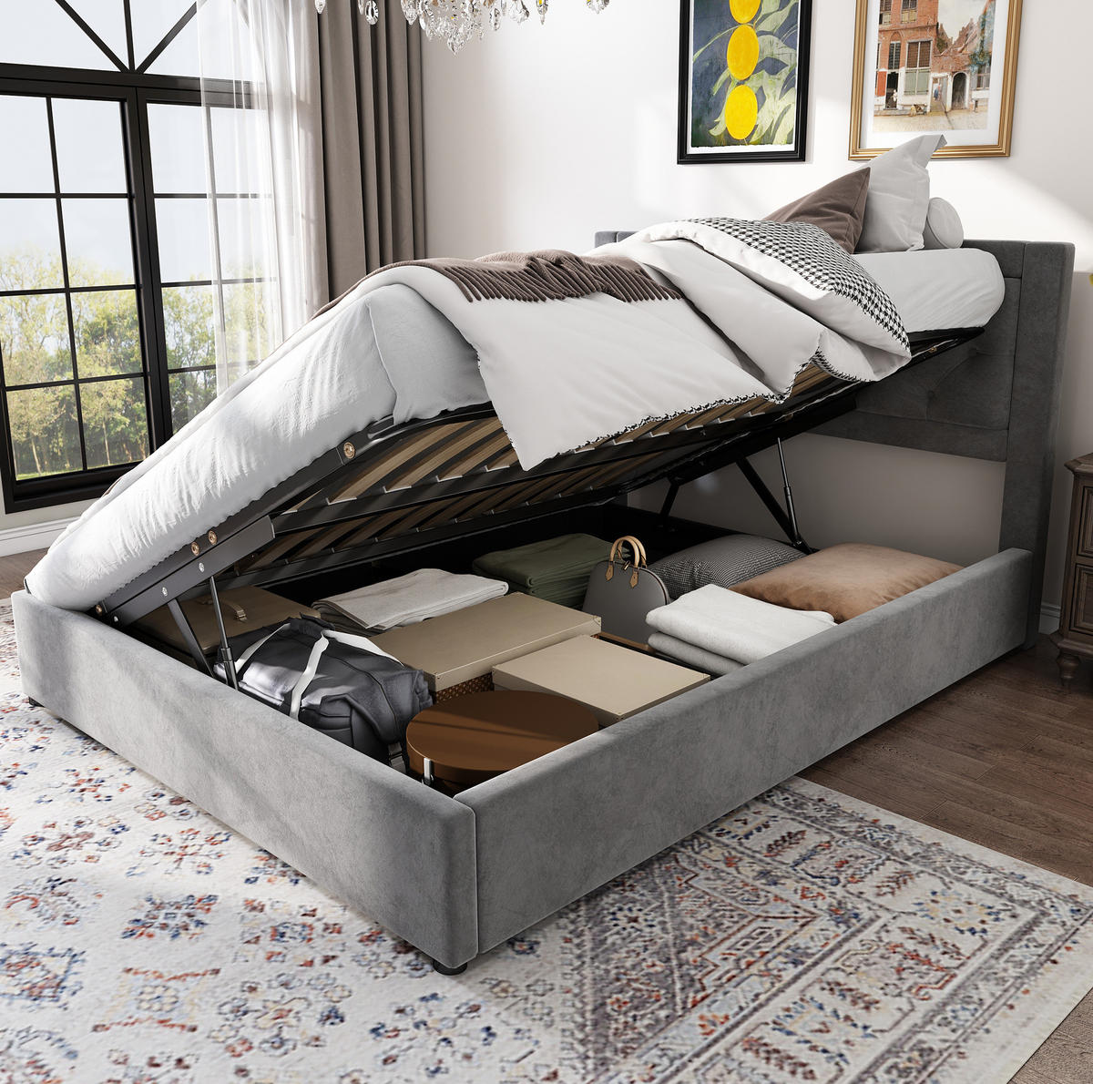 POLSTERBETT 140/200 cm Grau aus Samt und Stahl mit Stauraum - Grau, Metall (140/200cm) - OKMYHOME