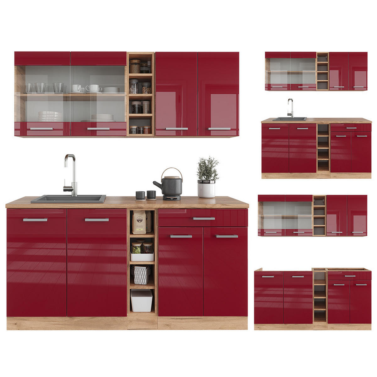 SINGLEKÜCHE R-Line Bordeaux Hochglanz/Goldkraft Eiche 160 cm ohne AP - Bordeaux/Eiche Wotan, Holzwerkstoff (160/81.6/46cm) - Vicco