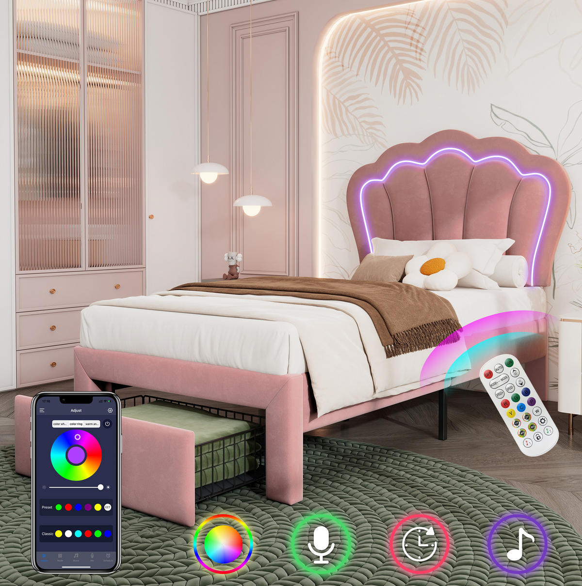 SAMT-POLSTERBETT mit LED-Beleuchtung 90/200 cm in Rosa mit Schublade - Rosa, Textil (90/200cm) - BEAOK