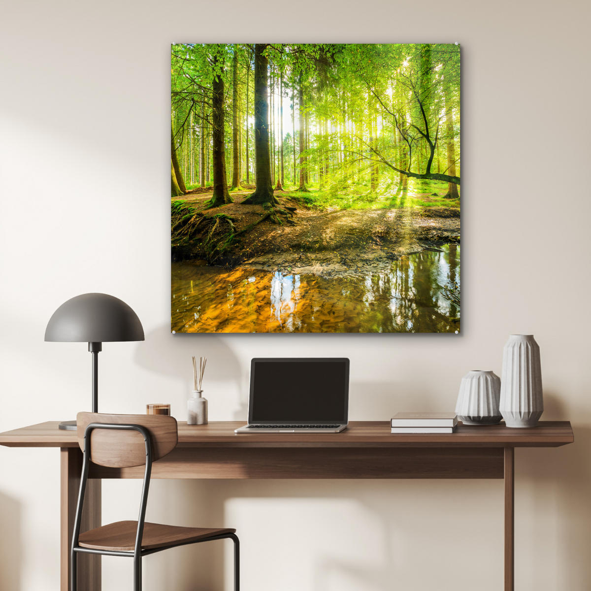ACRYLGLASBILD Wald - Landschaft - Wasser - Bäume - Sonne - Grün - Natur 90x90 cm - Grün, Glas (90/90cm) - MuchoWow