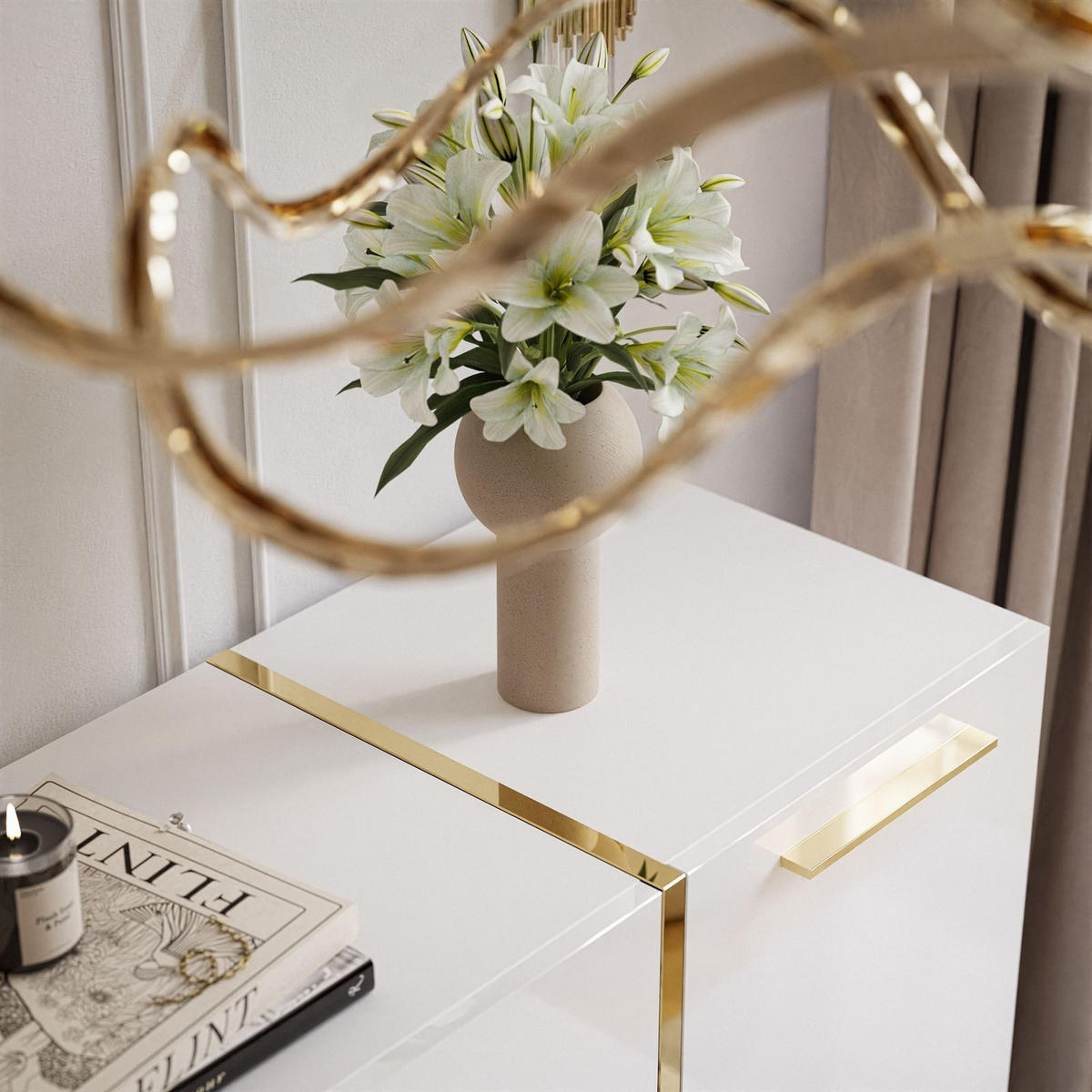 SIDEBOARDS MIT SCHUBLADEN ONYX AUF GOLDENEN BEINEN HOCHGLANZ 158 CM - Weiß, Holzwerkstoff (158/88/41.3cm) - Lookway