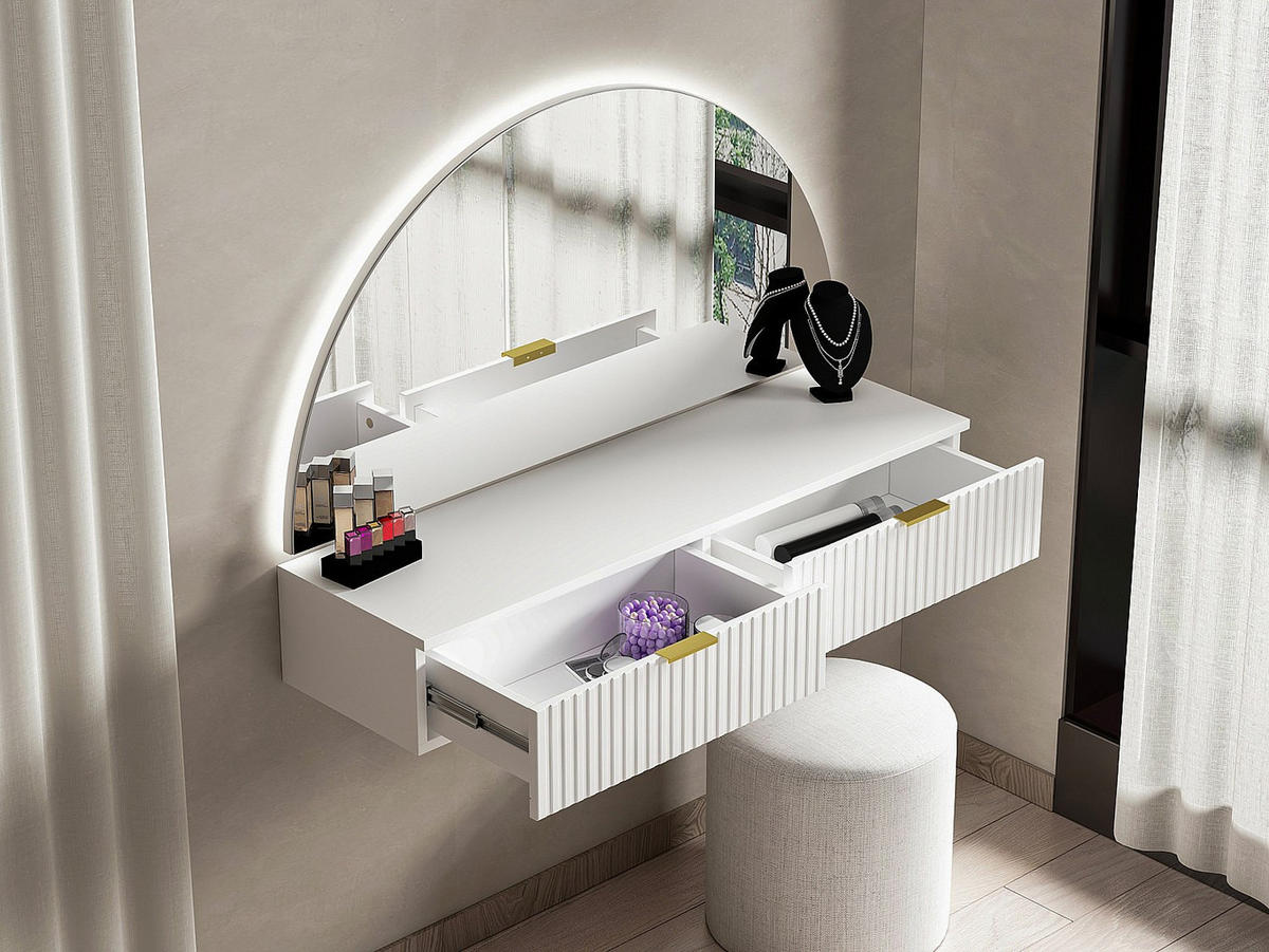 FRISIERTISCH hängend mit Spiegel & LED-Beleuchtung - 2 Schubladen - Weiß - FRALYN - Weiß, Holz (120/80/35cm) - Vente-Unique