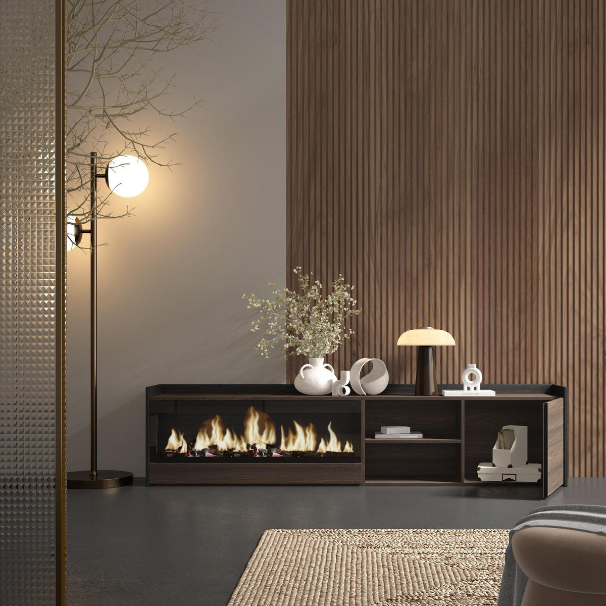 LOWBOARD, Dunkler Eiche und Schwarz, 212/35/50cm, Kamin mit Feuereffekt XXL - Dunkelbraun, Holzwerkstoff (212/50/35cm) - Skraut Home