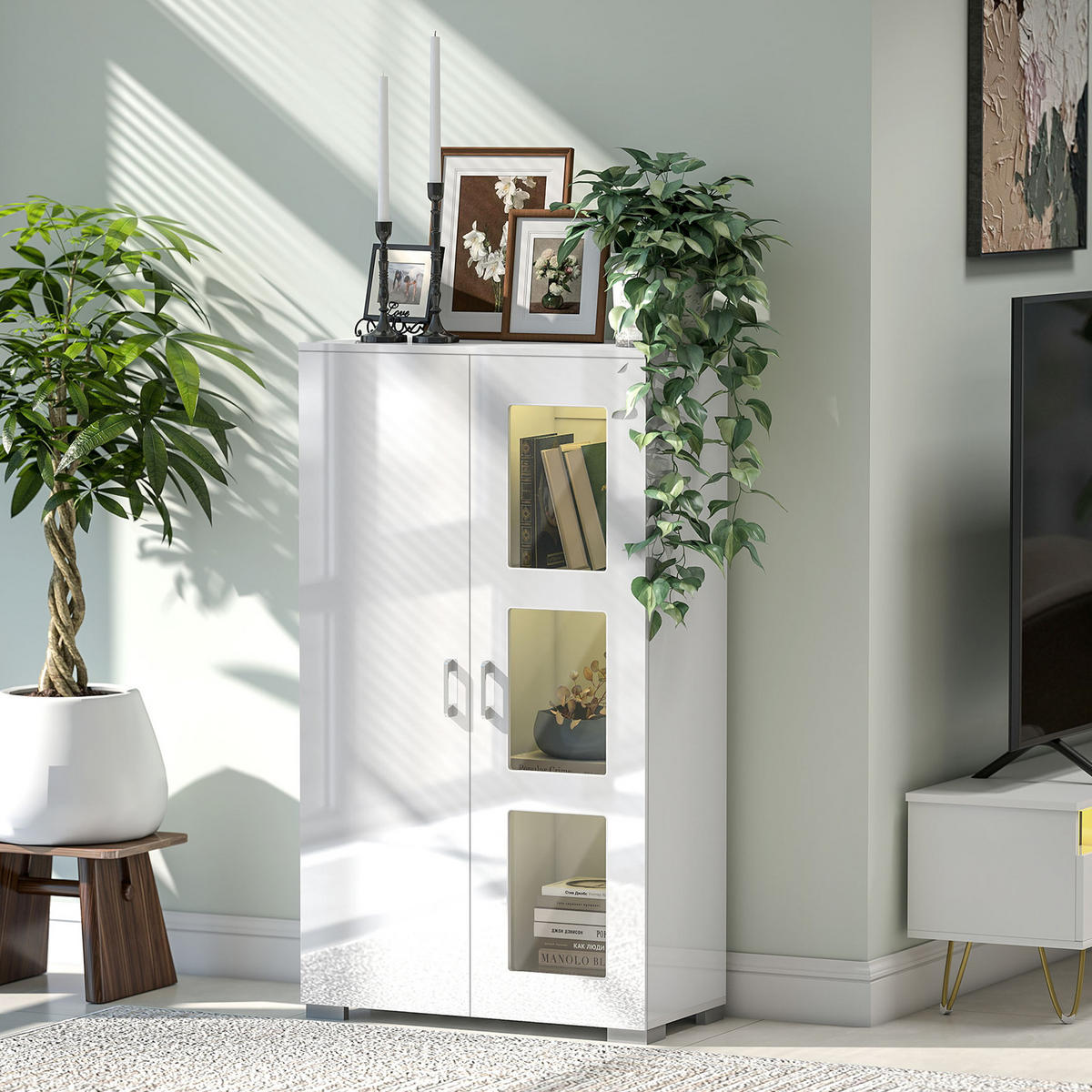 HIGHBOARD Weiß mit LED-Beleuchtung und Glastüren 71/35/126 cm - Weiß, Holzwerkstoff (71/126/35cm) - PANGIVO