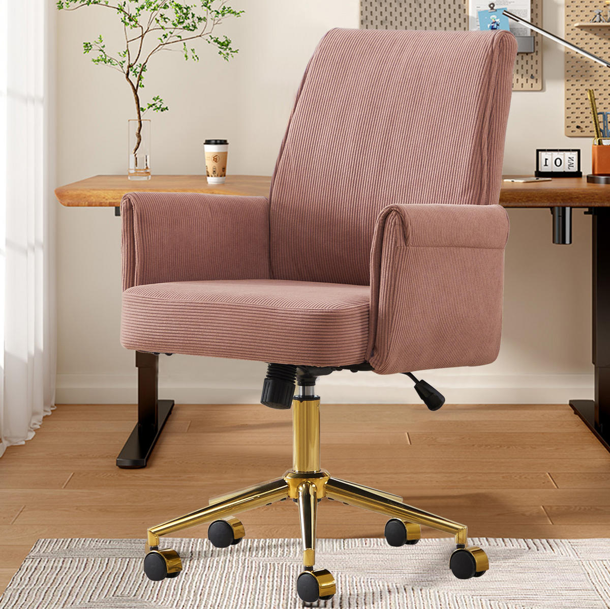 DREHSTUHL 64/61/107 cm Pink aus Cord mit ergonomischer Rückenlehne und goldfarbenem Gestell - Pink, Textil (61/107/64cm) - OKWISH
