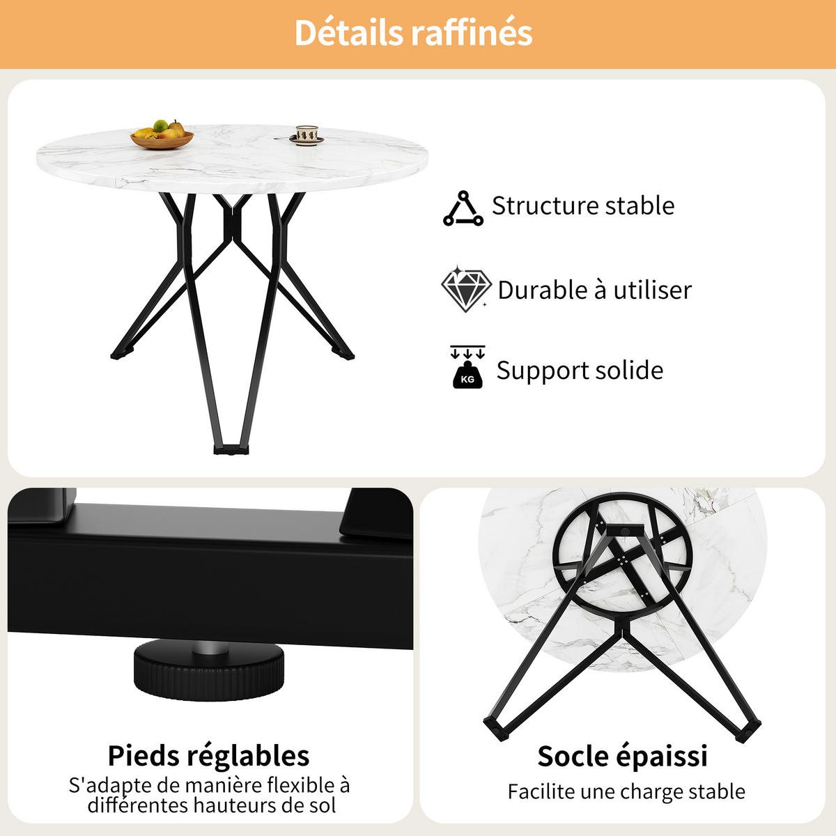 ESSTISCHSET 5-Teilig Rund 100 Cm, MDF Marmor, 4 Graue Leinenstühle, Schwarz - Multicolor, Naturmaterialen (72.01/18.49/80.01cm) - FLIEKS