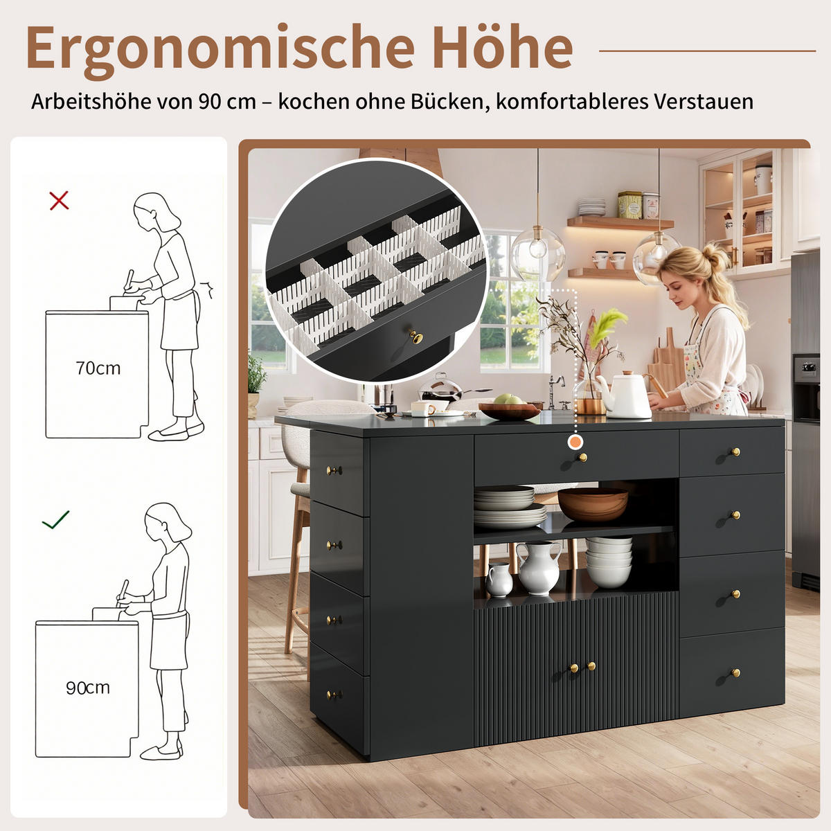 KÜCHENINSEL 140x70x89cm Schwarz mit 6 Schubladen, Hocker & Metallgriffen - Schwarz, Holzwerkstoff (140/89/70cm) - Modfu