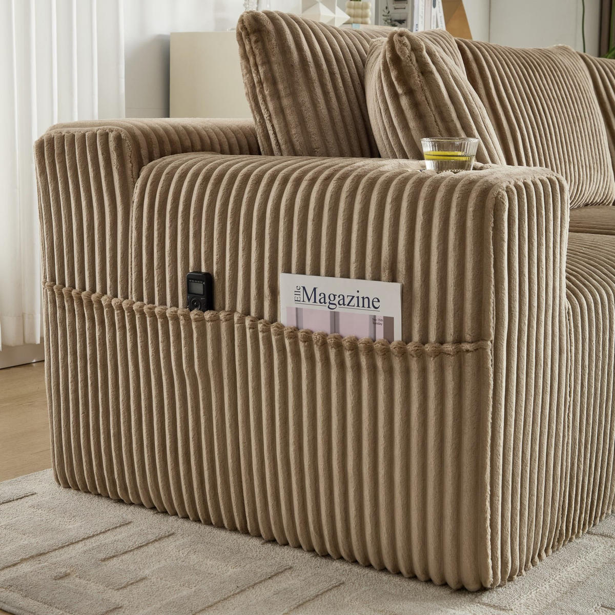 ECKSCHLAFSOFA Modulares Sofa mit Schlaffunktion,Chaiselongue + Zweisitzer,Khaki - Braun, Textil (257/160cm) - LVHOM