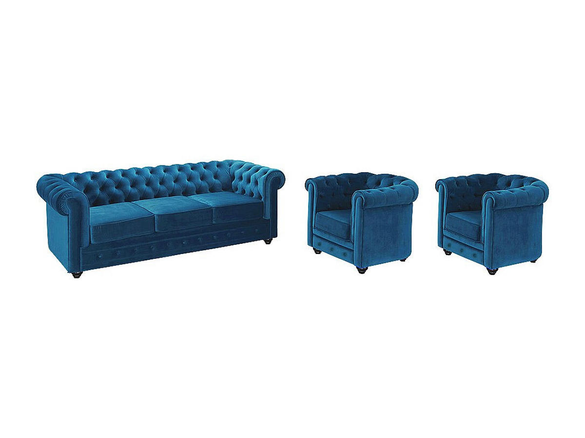 COUCHGARNITUR 3+1+1 - Samt - Grünblau - CHESTERFIELD - Petrol, Textil (88/72/205cm) - Vente-Unique