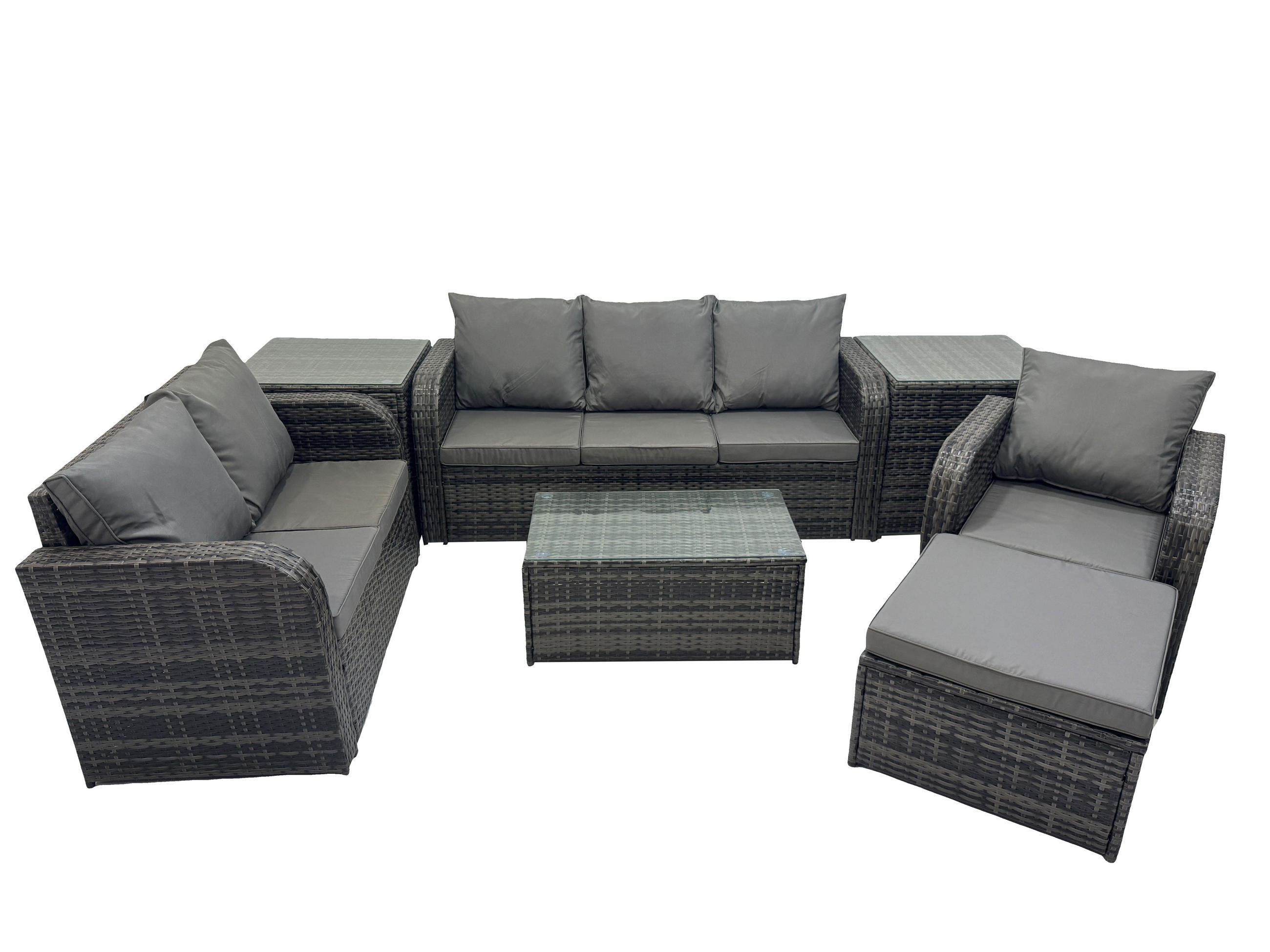 GARTENSET Polyrattan Dunkelgrau 6-Sitzer - Dunkelgrau/Grau, Glas/Kunststoff - Fimous