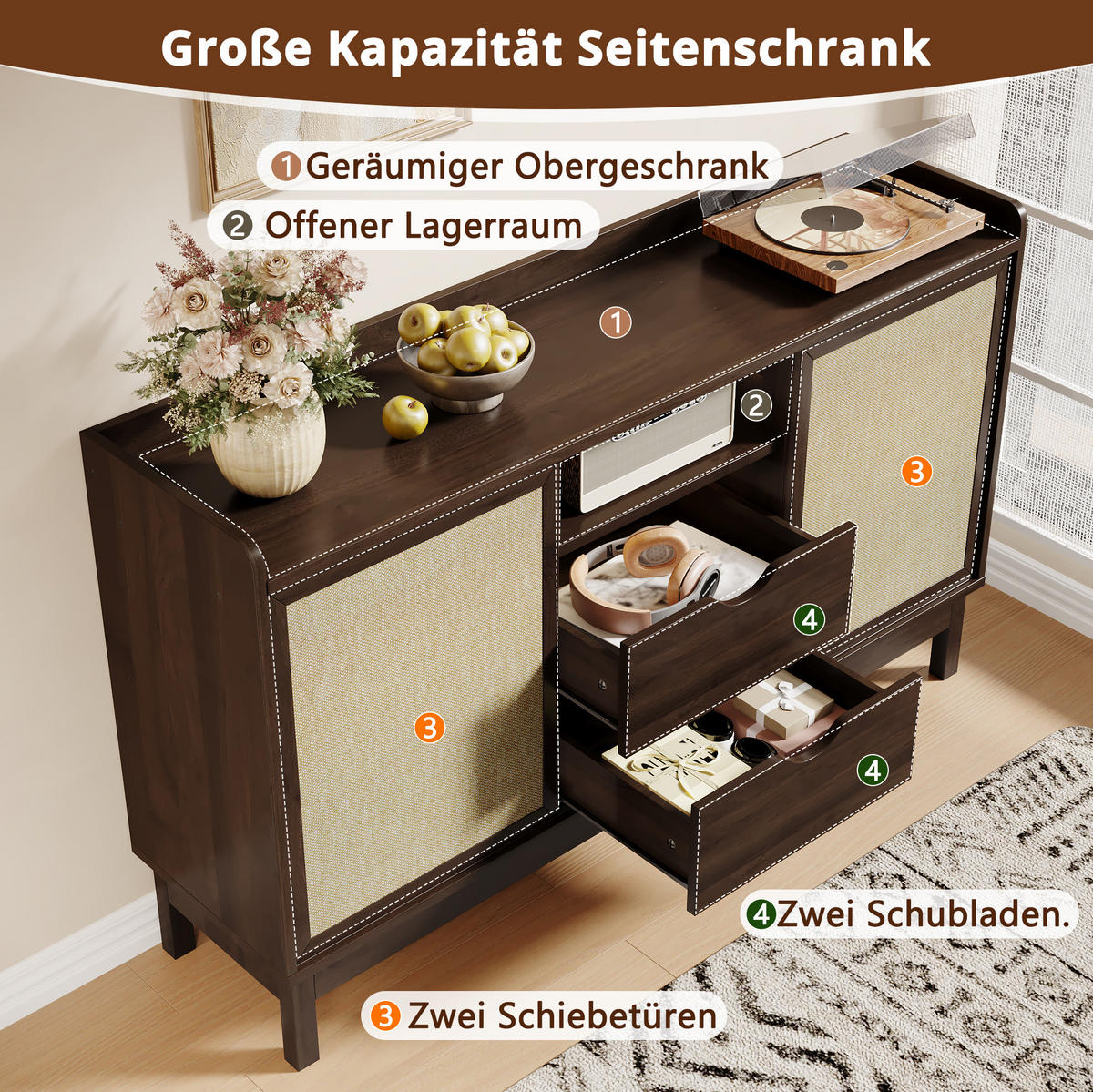 SIDEBOARD 150/39,5/80 cm aus Holzwerkstoff mit Schiebetüren, 2 Schubladen und verstellbaren Einlegeböden, Natur - Naturfarben, Holzwerkstoff (150/80/39.5cm) - Redom