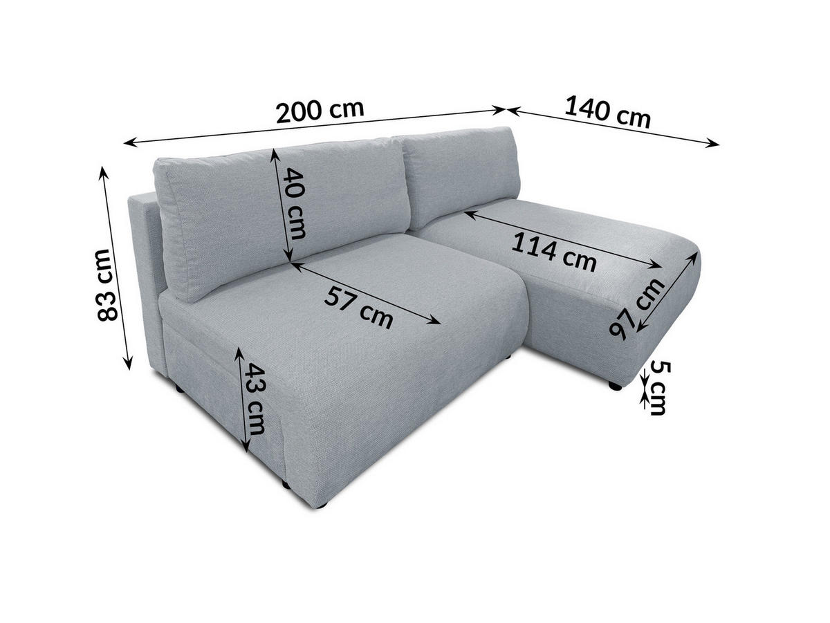 ECKSOFA Sora mit Schlaffunktion, Bettkasten und extra tiefer Komfortzone aus hochwertigem Grau Strukturstoff - Schwarz/Grau, Holz/Kunststoff (200/140cm) - S-Style