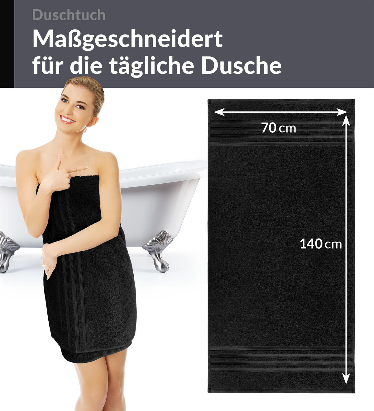 DUSCHTUCH London Schwarz 2er Set 70x140 - Schwarz, Textil (70/140cm) - Lashuma